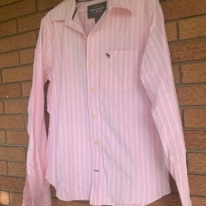 Abercrombie & Fitch Men's Pink and White Striped Shirt